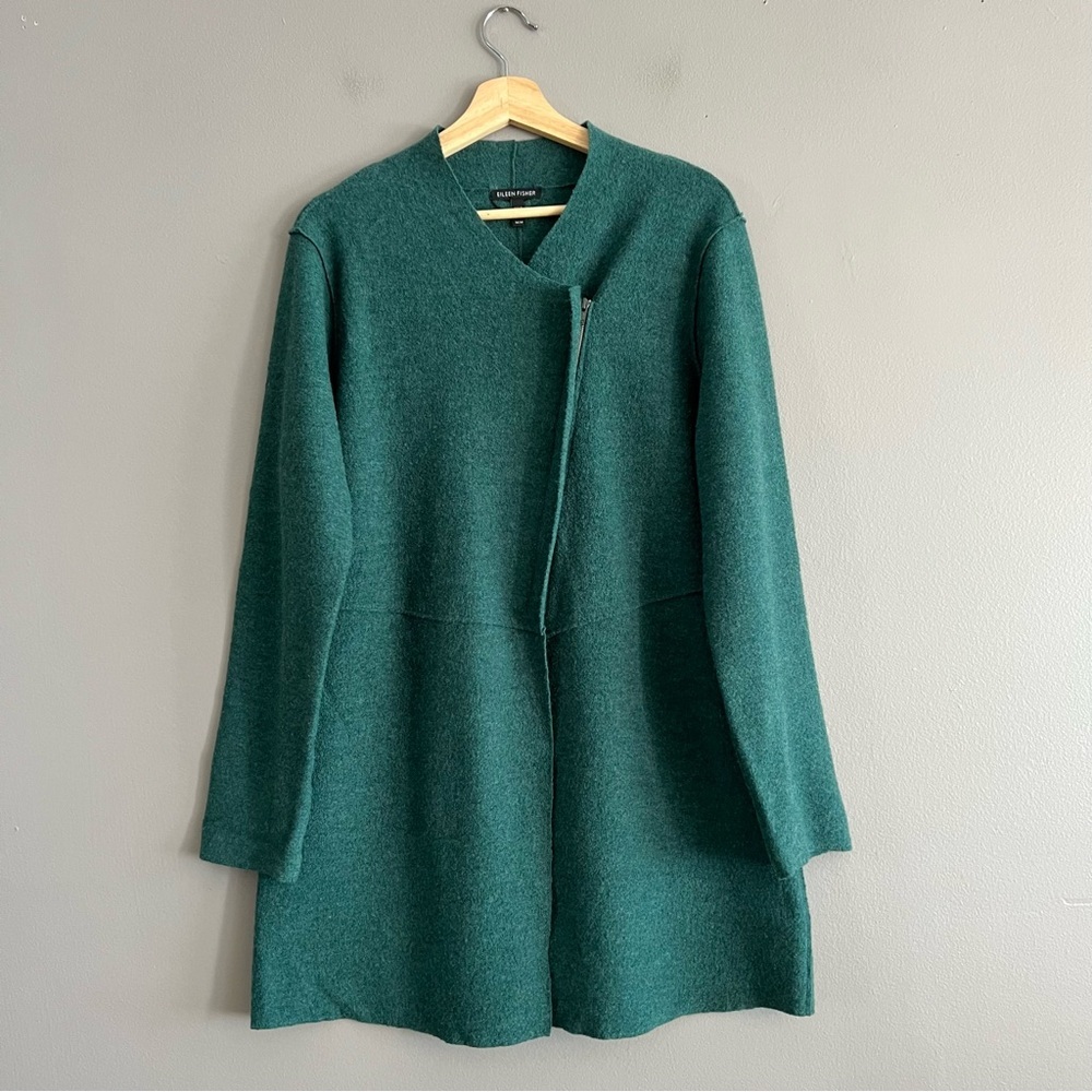 Eileen Fisher Merino Wool Zip Jacket Sweater Green M Lightweight Angled Zip